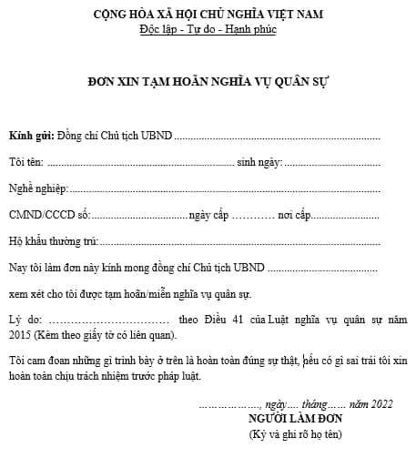 Đơn xin tạm hoãn nghĩa vụ quân sự